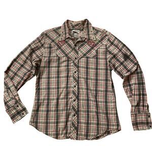 Vintage Rare Rose Plaid Western Shirt | Y2K Cowgirl Snap Button, L, Embroidery
